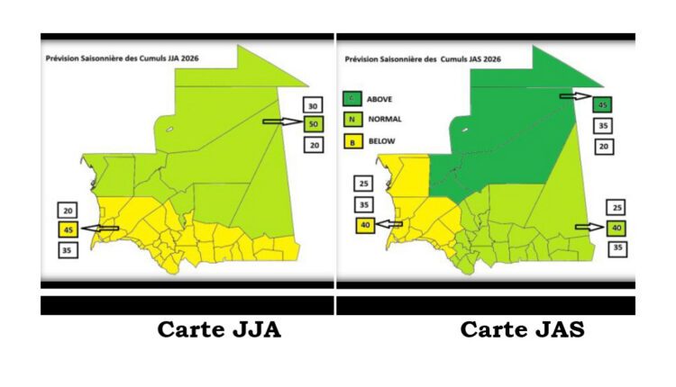 Note sur les tendances des cumuls pluviométriques attendus en Mauritanie pour les périodes juin-juillet-aout et juillet-septembre 2026